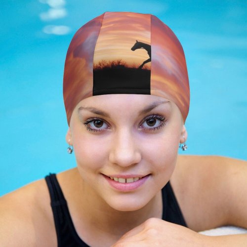 yanfind Swimming Cap Cowboy Horses Silhouette Dawn Sunset Elastic,suitable for long and short hair