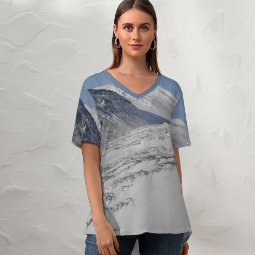 yanfind V Neck T-shirt for Women Snow Mountains Scottish Highlands Point Ice Rocks Mountainous Landforms Mountain Range Glacial Summer Top  Short Sleeve Casual Loose