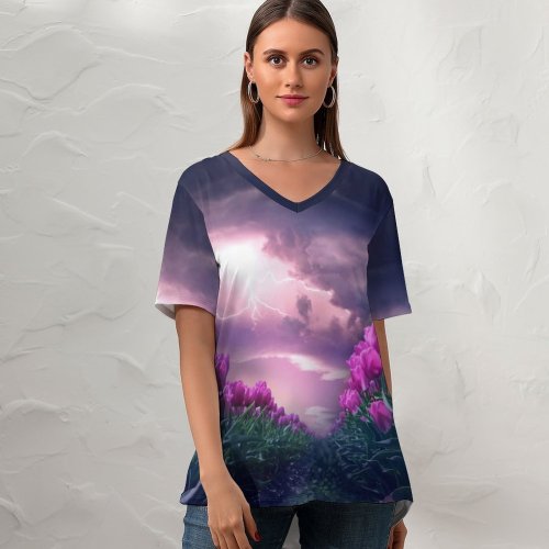 yanfind V Neck T-shirt for Women Flowers Flowers Path Thunderstorm Dark Sky Summer Top  Short Sleeve Casual Loose