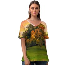 yanfind V Neck T-shirt for Women Bruno Glätsch Autumn Trees Sunset Landscape Afterglow Meadow Grass Field Greenery Beautiful Summer Top  Short Sleeve Casual Loose