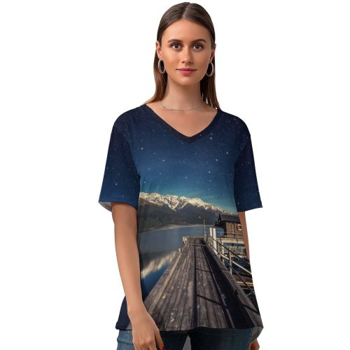 yanfind V Neck T-shirt for Women Dominic Kamp Lake Wakatipu Zealand Mountain Range Snow Covered Reflection Glacier Mountains Summer Top  Short Sleeve Casual Loose