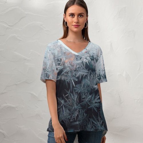yanfind V Neck T-shirt for Women Christmas Texture Frost Snow Wallpapers Feather Outdoors States Moisture Winter Art Summer Top  Short Sleeve Casual Loose