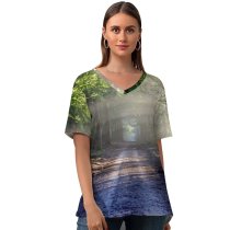 yanfind V Neck T-shirt for Women Forest Path Trees Outdoor Woods Sunlight Summer Top  Short Sleeve Casual Loose