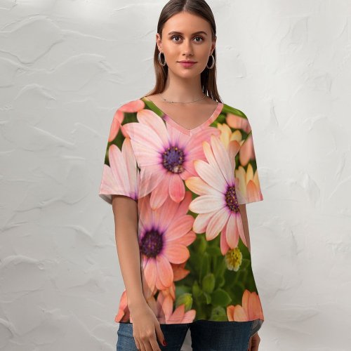 yanfind V Neck T-shirt for Women Mitchell Luo Flowers Daisies Floral Blossom Bloom Spring Closeup Beautiful Summer Top  Short Sleeve Casual Loose
