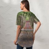yanfind V Neck T-shirt for Women Fall Trees Road Tarmac Woods Foliage Summer Top  Short Sleeve Casual Loose