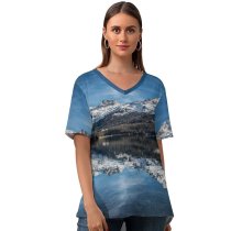 yanfind V Neck T-shirt for Women Piz Corvatsch Switzerland Swiss Alps Glacier Mountains Snow Covered Lake Sils Reflection Summer Top  Short Sleeve Casual Loose