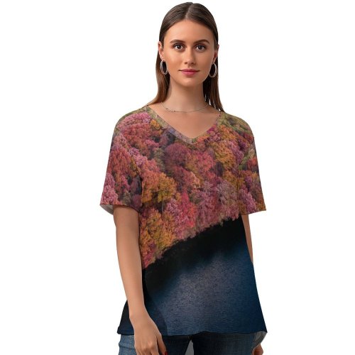 yanfind V Neck T-shirt for Women Aaron Burden Colorful Forest Trees Aerial Lake River Scenic Summer Top  Short Sleeve Casual Loose