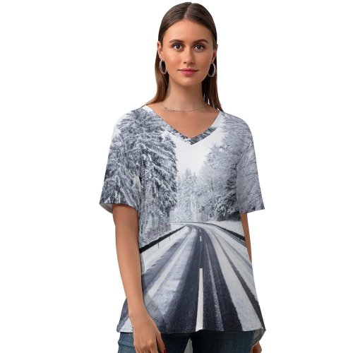 yanfind V Neck T-shirt for Women Sven Muller Winter Road Forest Snow Covered Trees Summer Top  Short Sleeve Casual Loose