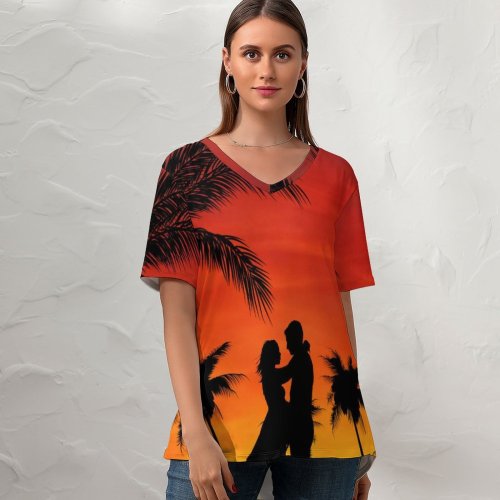 yanfind V Neck T-shirt for Women Love Couple Palm Trees Sky Sunset Silhouette Romance Summer Top  Short Sleeve Casual Loose