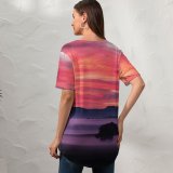yanfind V Neck T-shirt for Women Bruno Glätsch Sky Sunset Landscape Foggy Scenery Clouds Trees Silhouette Dawn Summer Top  Short Sleeve Casual Loose