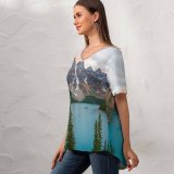 yanfind V Neck T-shirt for Women Johny Goerend Snow Mountains Glacier Valley River Landscape Trees Scenic Summer Top  Short Sleeve Casual Loose