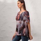 yanfind V Neck T-shirt for Women Comfreak Lion Deer Hirsch Predator Wild Big Cat Carnivore Fantasy Cute Summer Top  Short Sleeve Casual Loose