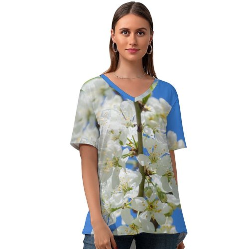 yanfind V Neck T-shirt for Women Aptekarskiy Flowers Plant Pictures Ogorod Blossom Flower Garden Plum Spring Pollen Summer Top  Short Sleeve Casual Loose
