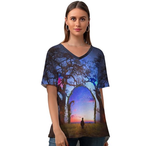 yanfind V Neck T-shirt for Women Thiago Garcia Fantasy Surreal Dream Alone Doorway Spectrum Portal Summer Top  Short Sleeve Casual Loose