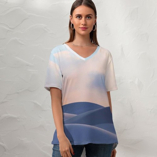 yanfind V Neck T-shirt for Women Sand Dunes Desert Landscape Evening Windows X Microsoft  Summer Top  Short Sleeve Casual Loose