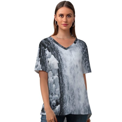 yanfind V Neck T-shirt for Women Cliff Fog Mood River Snow Wallpapers Mountain Outdoors Snowy Winter Waterfall Summer Top  Short Sleeve Casual Loose