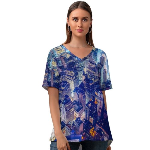 yanfind V Neck T-shirt for Women Denys Nevozhai York City Aerial Cityscape Nightscape Night Time City Lights Skyscrapers Summer Top  Short Sleeve Casual Loose