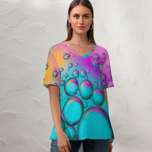 yanfind V Neck T-shirt for Women Bruno Bosse Abstract Bubbles Spectrum Colorful Teal Turquoise Summer Top  Short Sleeve Casual Loose