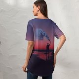 yanfind V Neck T-shirt for Women Aziz Acharki Silhouette Seashore Sky Can Sunset Evening Sky Summer Top  Short Sleeve Casual Loose