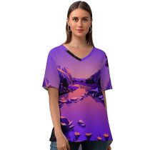 yanfind V Neck T-shirt for Women Lake Mountains Rocks Twilight Sunset Purple Sky Sky Scenery MacOS Big Sur Summer Top  Short Sleeve Casual Loose