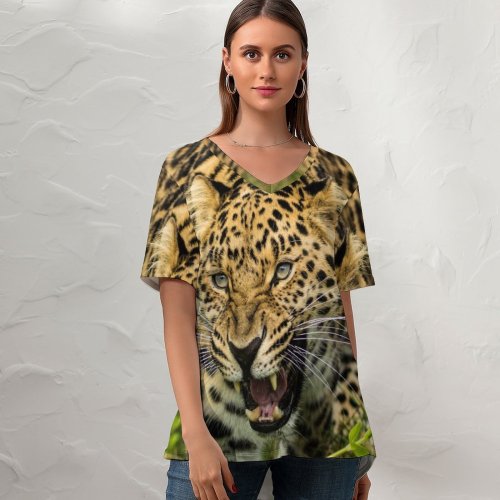 yanfind V Neck T-shirt for Women Leopard Grass Wild Big Cat Summer Top  Short Sleeve Casual Loose