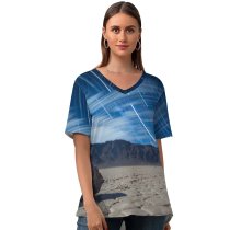 yanfind V Neck T-shirt for Women Anthony Hayward Racetrack Playa Sliding Rocks Sailing Stones Death Valley Landscape Star Summer Top  Short Sleeve Casual Loose