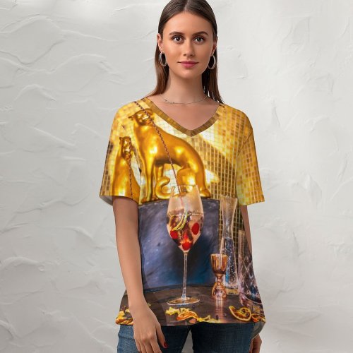 yanfind V Neck T-shirt for Women Bottle Glass Restaurant Mixology Manager Beer Alcohol Party Marketing Goblet Liquor Summer Top  Short Sleeve Casual Loose