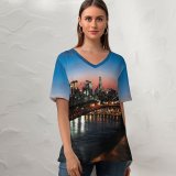 yanfind V Neck T-shirt for Women Matteo Catanese Williamsburg Bridge York City Suspension Bridge City Lights Night Cityscape Summer Top  Short Sleeve Casual Loose