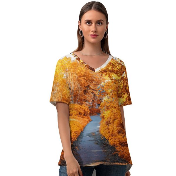 yanfind V Neck T-shirt for Women Artem Saranin Maple Trees Fall Autumn Path Woods Fall Foliage Summer Top  Short Sleeve Casual Loose