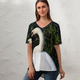 yanfind V Neck T-shirt for Women Swan Swans Feather Feathers Lake Grey Pond Duck Marsh Ballet Dance Bird Summer Top  Short Sleeve Casual Loose