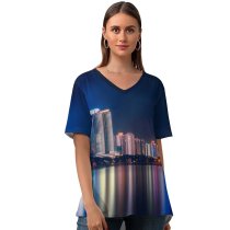 yanfind V Neck T-shirt for Women GoMustang Qingdao China Night Cityscape City Lights Reflections Summer Top  Short Sleeve Casual Loose