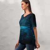 yanfind V Neck T-shirt for Women Grafixart Forest River Night Dark Magical Crescent Moon Fairies Summer Top  Short Sleeve Casual Loose