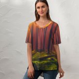 yanfind V Neck T-shirt for Women Hmetosche Sun Rays Forest Grass Woods Tall Trees Sunny Summer Top  Short Sleeve Casual Loose
