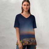 yanfind V Neck T-shirt for Women Crevisio Monaco Yacht Show Cityscape City Lights Night Time Ocean Seascape Sunset Summer Top  Short Sleeve Casual Loose