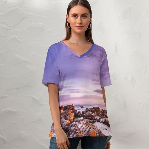 yanfind V Neck T-shirt for Women Bay Fires Tasmania Australia Sunrise Rocky Coast Seascape Ocean Clouds Purple Sky Summer Top  Short Sleeve Casual Loose