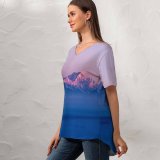 yanfind V Neck T-shirt for Women Himalayas Mountain Range Sunrise Winter Above Clouds Mountains Summer Top  Short Sleeve Casual Loose