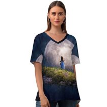 yanfind V Neck T-shirt for Women Thiago Garcia Fantasy Cute Girl Adorable Moon Surreal Alone Summer Top  Short Sleeve Casual Loose