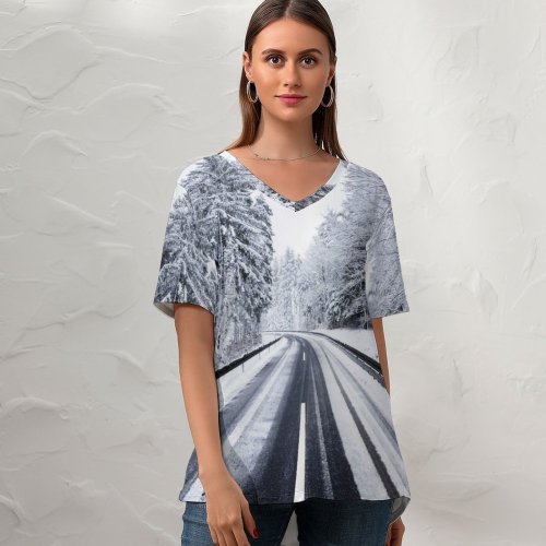 yanfind V Neck T-shirt for Women Sven Muller Winter Road Forest Snow Covered Trees Summer Top  Short Sleeve Casual Loose