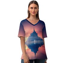 yanfind V Neck T-shirt for Women Grafixart Mont SaintMichel Sunset Twilight Dawn Reflection Normandy France Summer Top  Short Sleeve Casual Loose