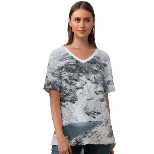 yanfind V Neck T-shirt for Women Cliff Glaslyn Fog Mist Alps Snow Wallpapers Lake Mountain Outdoors Rock Summer Top  Short Sleeve Casual Loose