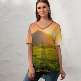 yanfind V Neck T-shirt for Women Anek Suwannaphoom Tea form Cameron Highlands Sunrise Landscape Hills Agriculture Malaysia Summer Top  Short Sleeve Casual Loose
