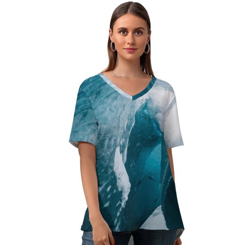yanfind V Neck T-shirt for Women Iceland HQ Goodtimes Snow Wallpapers Lake Mountain Outdoors Cave Free Icecave Summer Top  Short Sleeve Casual Loose