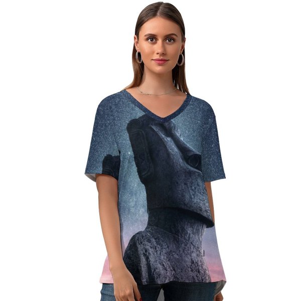 yanfind V Neck T-shirt for Women Grafixart Moai Statue Easter Island Ancient Architecture Starry Sky Sunset Dawn Heritage Summer Top  Short Sleeve Casual Loose