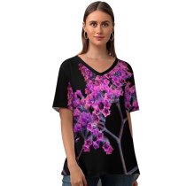 yanfind V Neck T-shirt for Women Flowers Black Dark Flowers MacOS Mojave Girly Summer Top  Short Sleeve Casual Loose