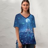 yanfind V Neck T-shirt for Women Fantasy Dream Cityscape Snowfall Moon Night Summer Top  Short Sleeve Casual Loose
