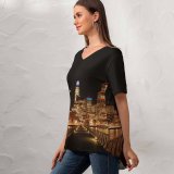 yanfind V Neck T-shirt for Women Black Dark San Francisco City Cityscape Night Time City Lights Skyscrapers Waterfront Summer Top  Short Sleeve Casual Loose