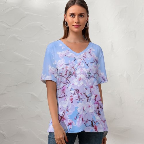 yanfind V Neck T-shirt for Women Flowers Magnolia Tulips Flowers Spring Beautiful Blossom Summer Top  Short Sleeve Casual Loose