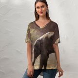 yanfind V Neck T-shirt for Women Comfreak Elephant Cub Rocks River Sun Rays Waterhole Daytime Summer Top  Short Sleeve Casual Loose