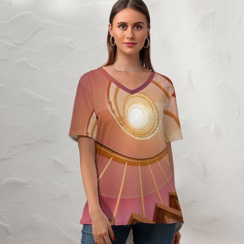 yanfind V Neck T-shirt for Women Johannes Plenio Architecture Spiral Stairs Staircase Ambient Lighting Summer Top  Short Sleeve Casual Loose