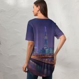 yanfind V Neck T-shirt for Women Anek Suwannaphoom Lotte Tower Seoul Cityscape Bridge Night City Lights Korea Summer Top  Short Sleeve Casual Loose